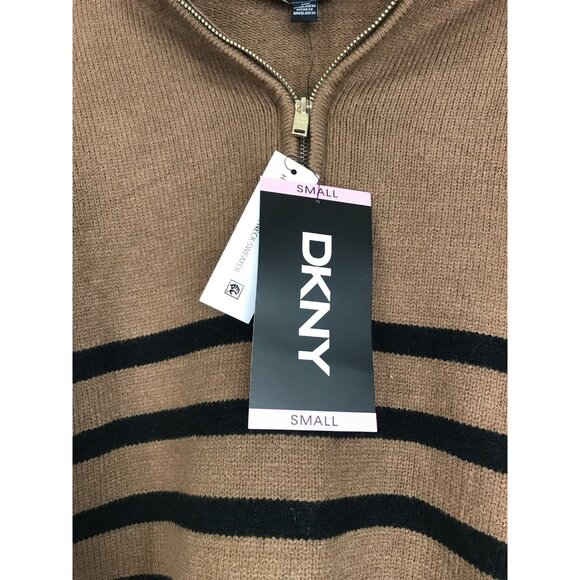 DKNY Sweater Womens Size Small Brown Black Striped 1/4 Zip Long Sleeve Ladies - Picture 4 of 9